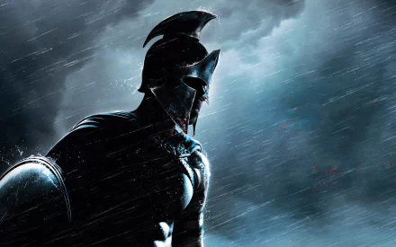 HD desktop wallpaper from the movie 300: Rise of an Empire featuring a Spartan warrior in armor under a stormy sky.