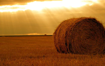 A sunbeam breaks through clouds over a golden field with a large haystack in the foreground, capturing a serene moment in nature as an HD PC desktop wallpaper.