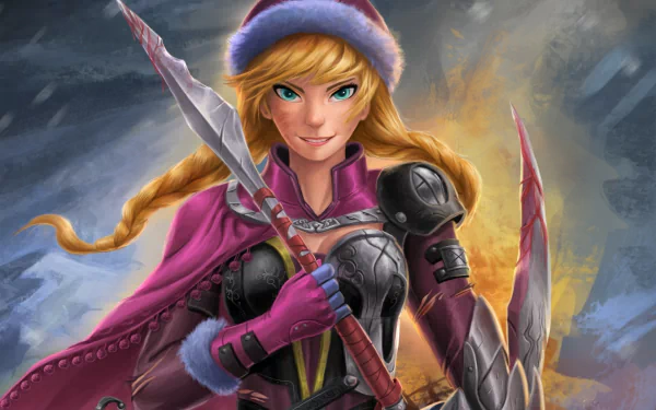 A dynamic HD wallpaper featuring Anna from the movie Frozen, adorned in a festive outfit and wielding a spear, set against a backdrop of swirling colors and light.