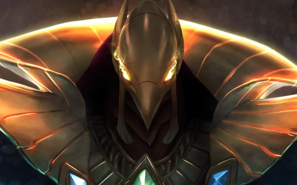 HD desktop wallpaper featuring Azir, the Ascended Emperor from League of Legends, showcasing his iconic golden armor and glowing eyes, set against a dark, mysterious background.