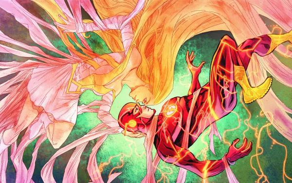 A vibrant comic-style image featuring The Flash in a dynamic pose, surrounded by colorful energy and a flowing figure, serves as an engaging HD desktop wallpaper and background.