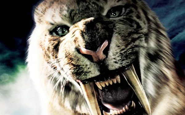 Close-up of a fierce tiger with sharp fangs, featured in the movie 10,000 BC. This high-definition image serves as an impressive desktop wallpaper and background.