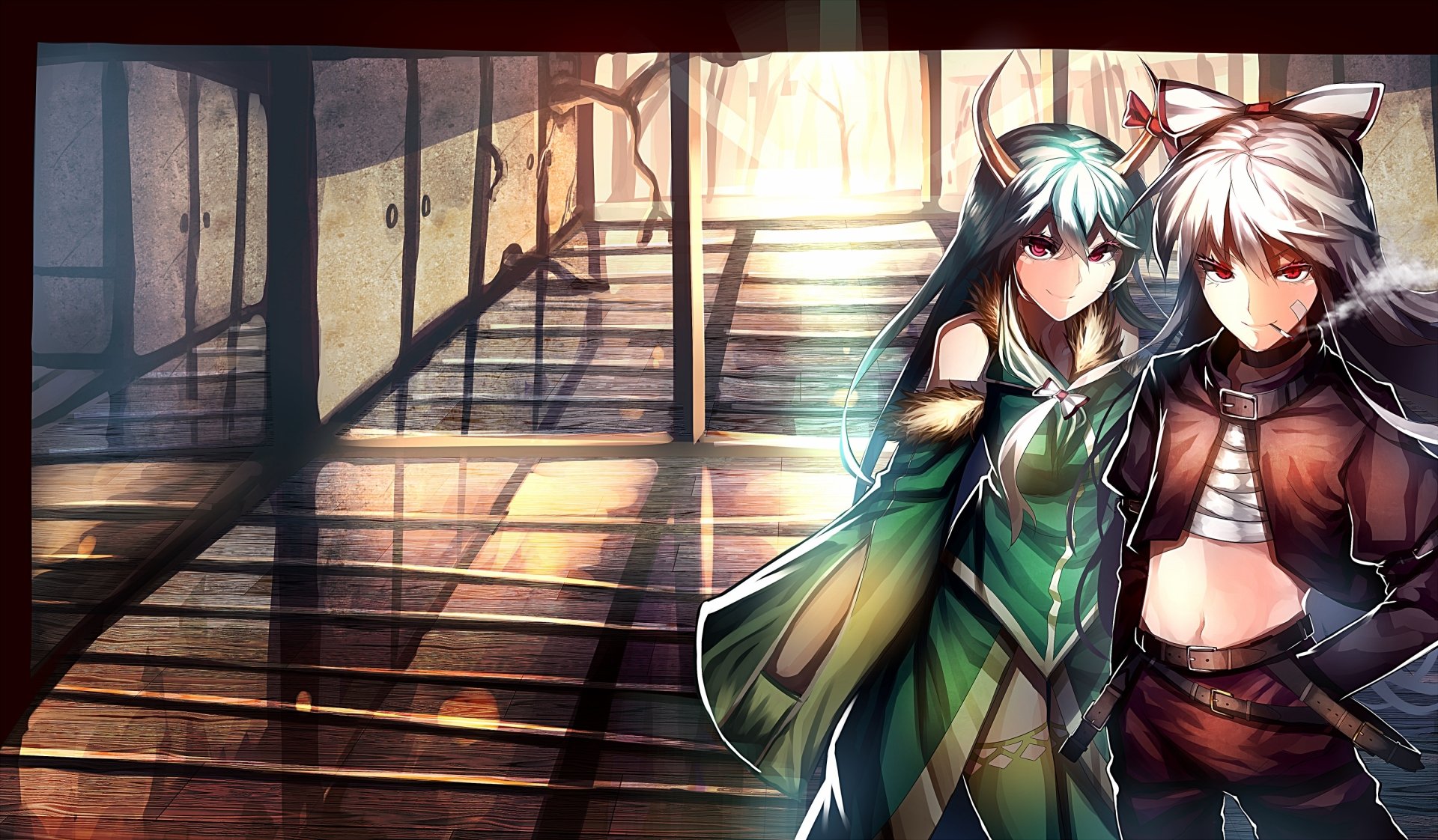 2K Quad HD PC desktop wallpaper of Touhou anime characters Momiji Inubashiri and Suika Ibuki standing in a sunlit wooden hall.