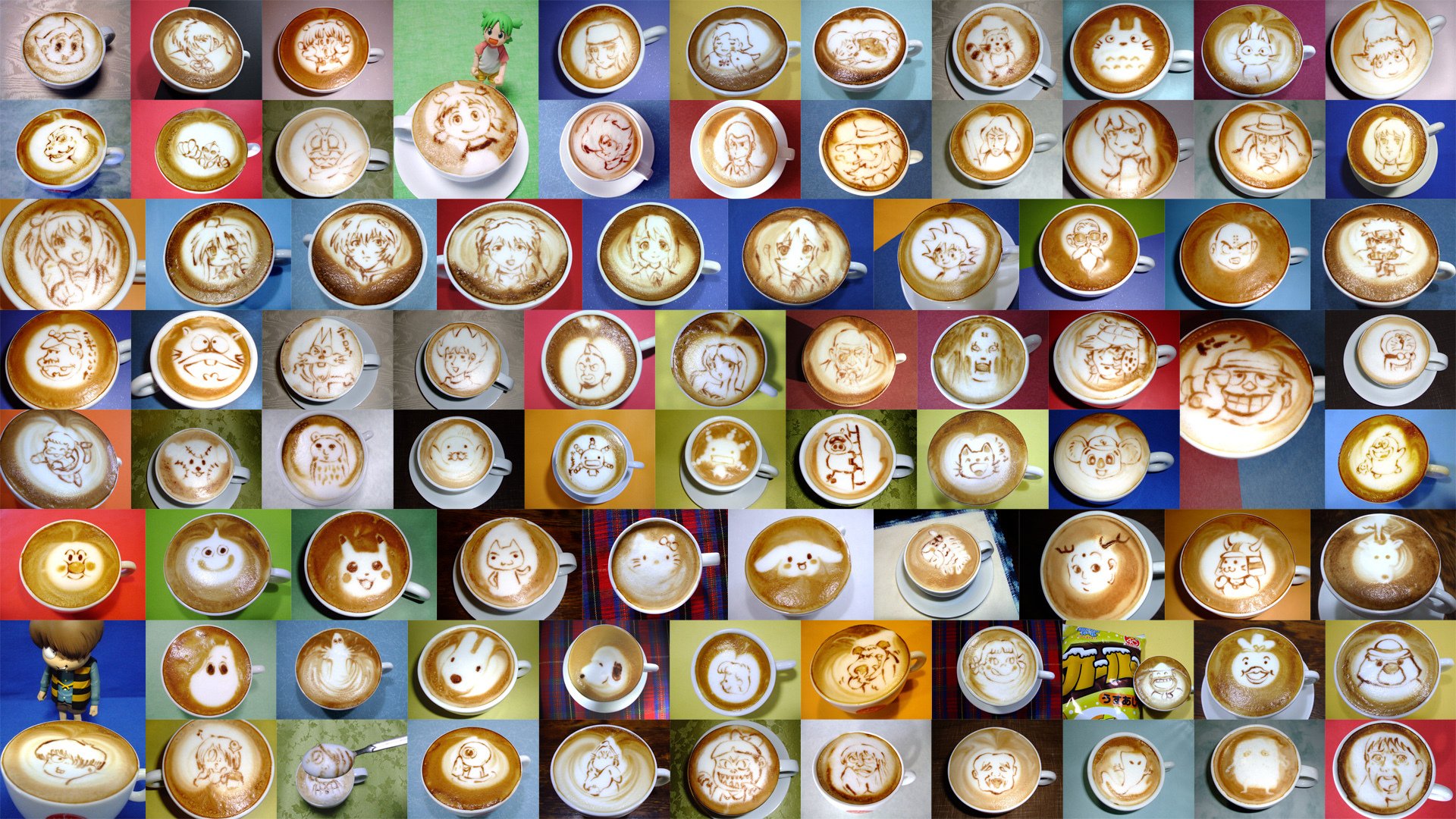 HD PC desktop wallpaper featuring a colorful grid of coffee cups with latte art designs, including faces and various playful patterns, highlighting drinks and food themes.