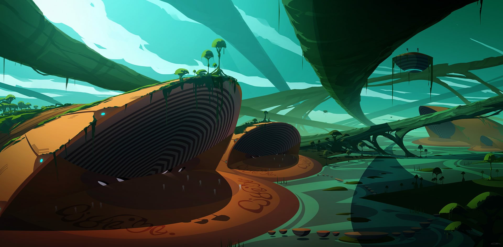 Velocity 2X video game HD PC desktop wallpaper and background: stylized teal-and-orange alien landscape with sweeping floating platforms, layered terraces and sleek futuristic structures.