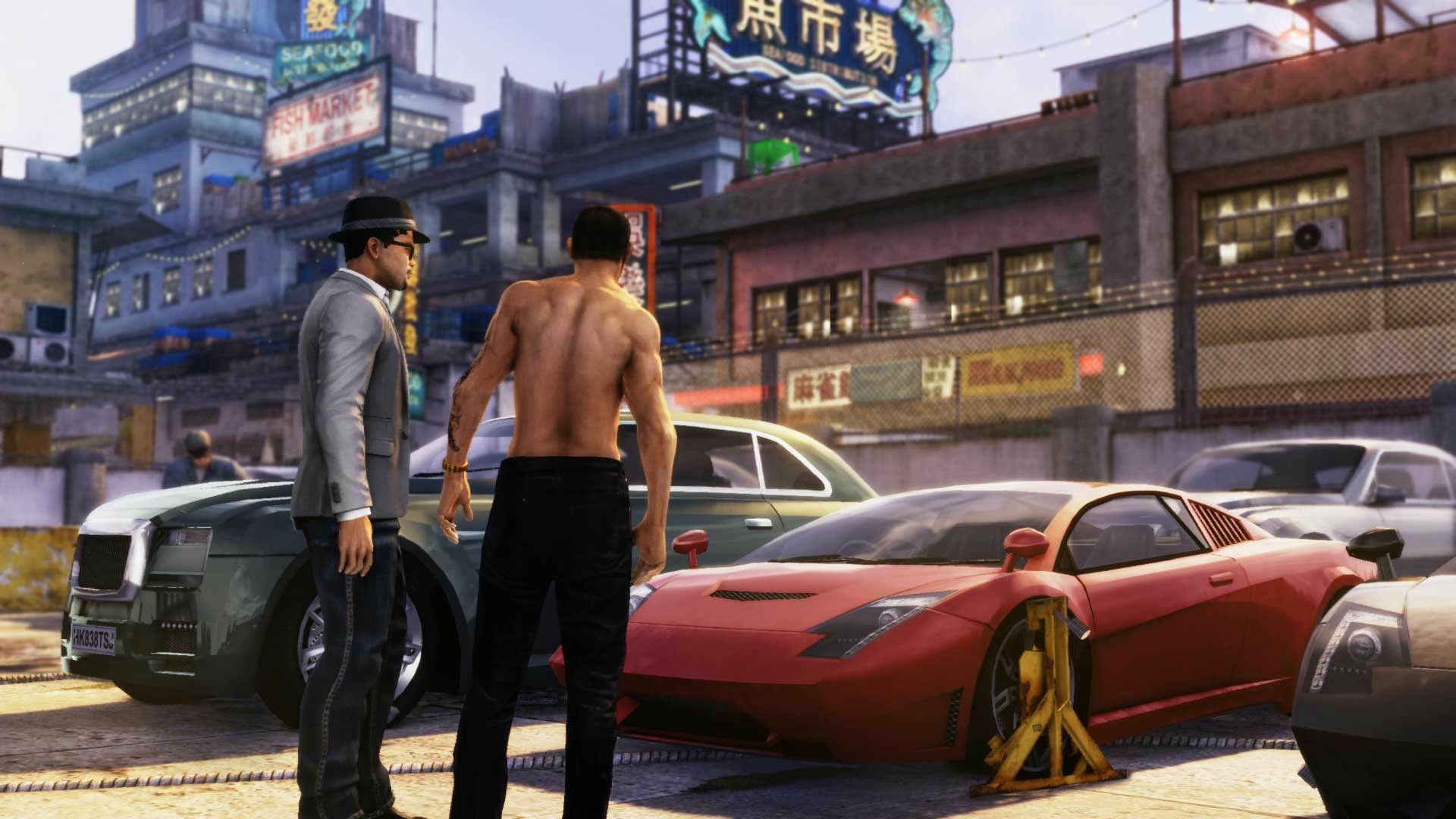 HD PC desktop wallpaper from the video game Triad Wars: two men stand beside a red sports car and a police sedan on a neon-lit urban street market.