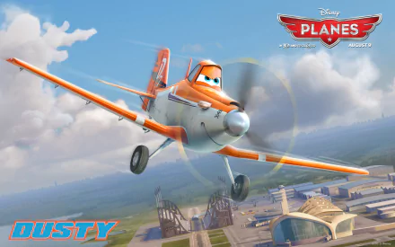 HD desktop wallpaper featuring Dusty Crophopper from Disney's Planes movie flying over an airport under a bright blue sky.