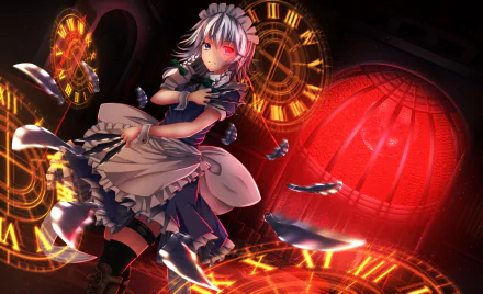 HD PC desktop wallpaper featuring Sakuya Izayoi from Touhou, depicted in dynamic anime style with floating knives and glowing clock motifs in the background.
