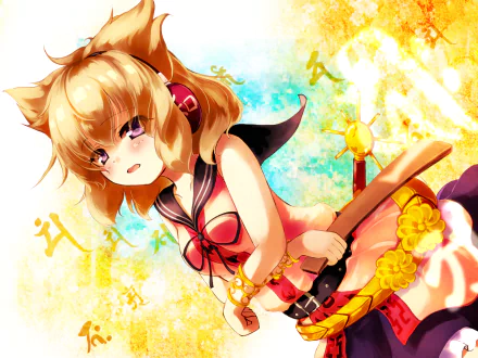 HD Touhou anime desktop wallpaper of Toyosatomimi no Miko: blonde, fox-eared shrine maiden in a red-and-black outfit holding a staff amid golden ornaments and symbol-filled bright background.