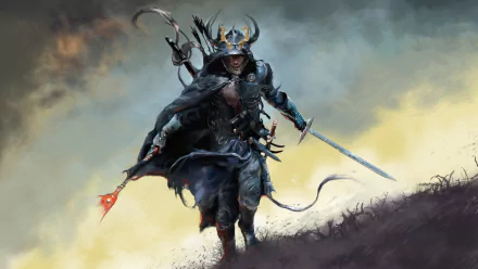 HD wallpaper of a fantasy samurai in dynamic pose, donned in traditional armor, wielding a sword, set against a stormy sky background.