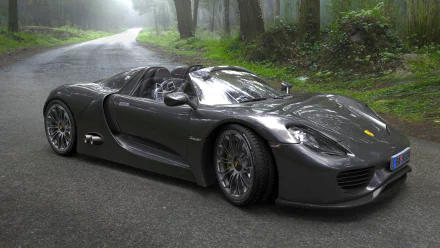 HD PC desktop wallpaper/background: glossy dark gray Porsche 918 Spyder parked on a wet forest road, its polished body reflecting surrounding trees and misty light.