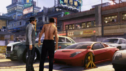 HD PC desktop wallpaper from the video game Triad Wars: two men stand beside a red sports car and a police sedan on a neon-lit urban street market.