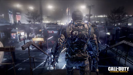 HD desktop wallpaper featuring a soldier in futuristic gear from the video game Call of Duty: Advanced Warfare, set in a dimly lit military base at night.