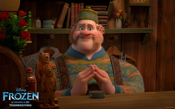 HD PC desktop wallpaper featuring Oaken from Disney's Frozen, set in his cozy shop with warm lighting and wooden shelves filled with various items.