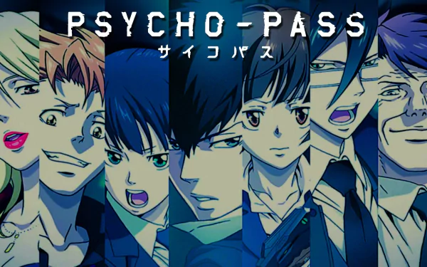 HD desktop wallpaper featuring characters from the anime Psycho-Pass with the show's logo.