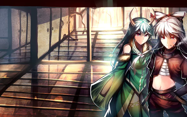 2K Quad HD PC desktop wallpaper of Touhou anime characters Momiji Inubashiri and Suika Ibuki standing in a sunlit wooden hall.