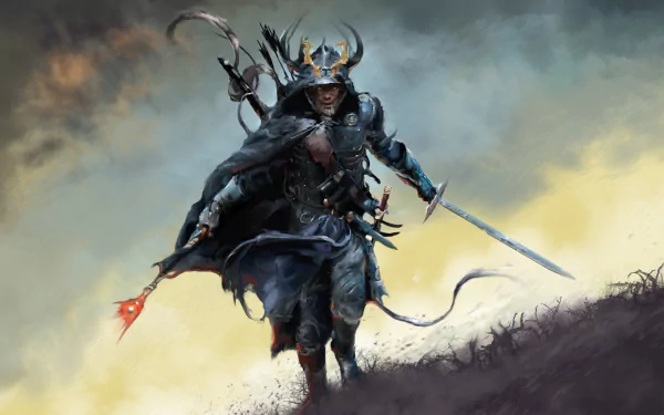 HD wallpaper of a fantasy samurai in dynamic pose, donned in traditional armor, wielding a sword, set against a stormy sky background.