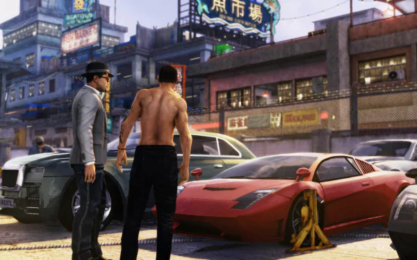 HD PC desktop wallpaper from the video game Triad Wars: two men stand beside a red sports car and a police sedan on a neon-lit urban street market.