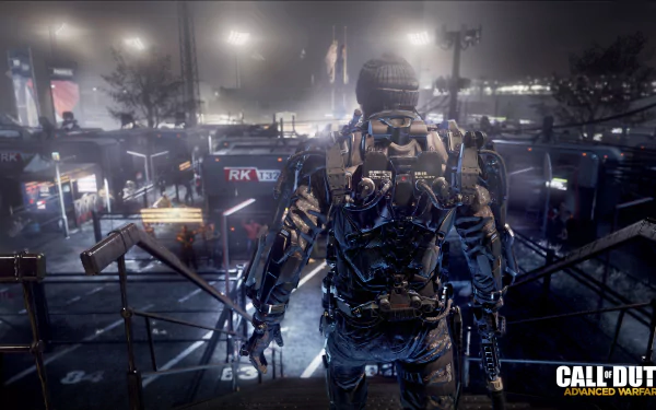HD desktop wallpaper featuring a soldier in futuristic gear from the video game Call of Duty: Advanced Warfare, set in a dimly lit military base at night.