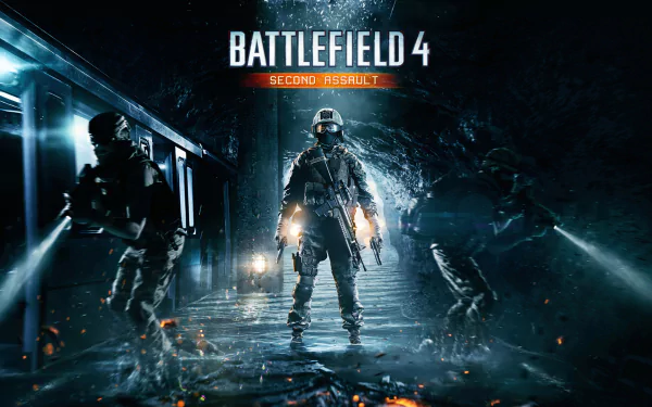 A striking HD wallpaper from Battlefield 4 showcases a soldier in a dimly lit environment, flanked by two comrades, with the Second Assault title prominently displayed.