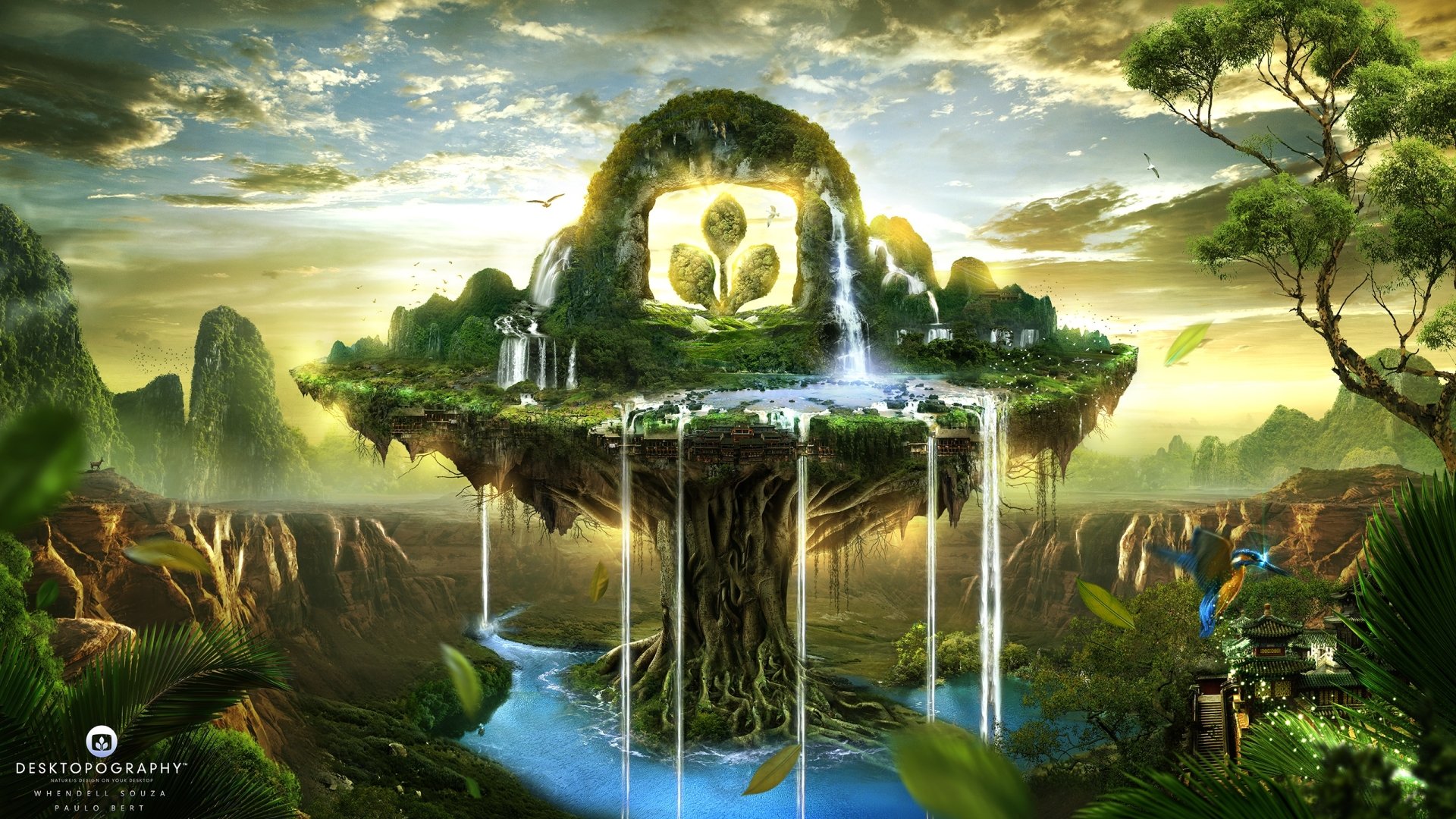 Download Landscape Fantasy Waterfall Artistic Desktopography  HD Wallpaper by Whendell Souza