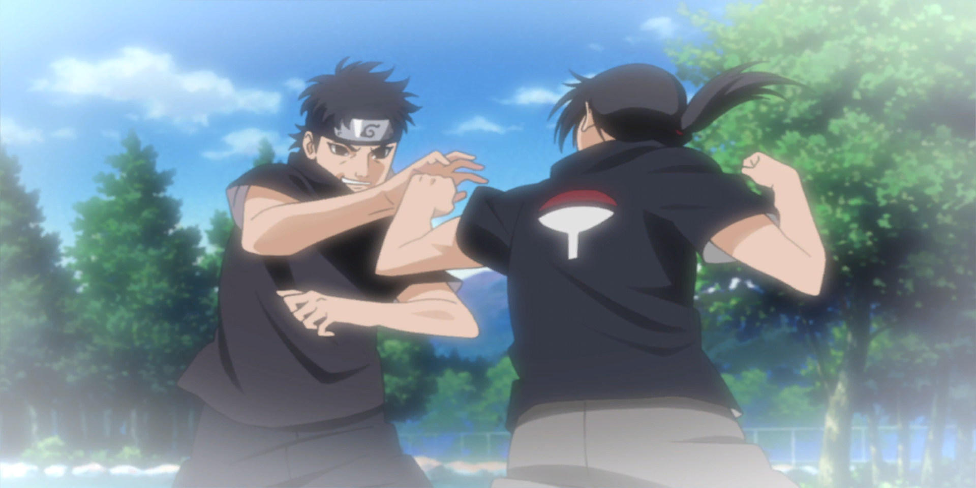 HD desktop wallpaper from Naruto Shippuden: Ultimate Ninja Storm Revolution featuring Shisui and Itachi Uchiha engaged in battle.