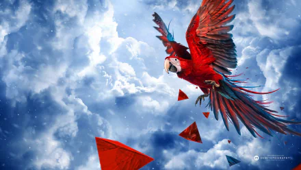 A vibrant red-and-green macaw soars through a blue sky dotted with clouds and geometric shapes, creating an eye-catching HD desktop wallpaper.