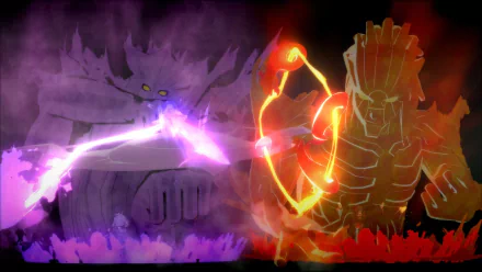 HD desktop wallpaper featuring Naruto characters Itachi and Sasuke Uchiha with their Susanoo forms in battle from the video game Naruto Shippuden: Ultimate Ninja Storm Revolution.