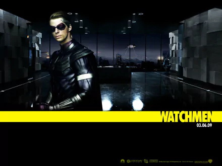 HD PC desktop wallpaper featuring Ozymandias from the Watchmen movie, set against a dark, futuristic cityscape with the Watchmen logo and release date.