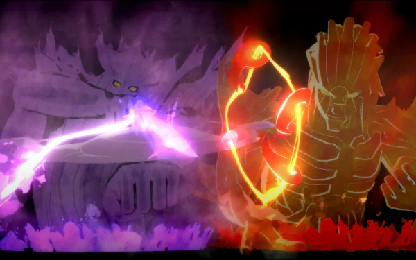 HD desktop wallpaper featuring Naruto characters Itachi and Sasuke Uchiha with their Susanoo forms in battle from the video game Naruto Shippuden: Ultimate Ninja Storm Revolution.