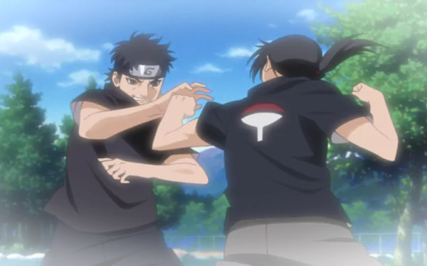 HD desktop wallpaper from Naruto Shippuden: Ultimate Ninja Storm Revolution featuring Shisui and Itachi Uchiha engaged in battle.
