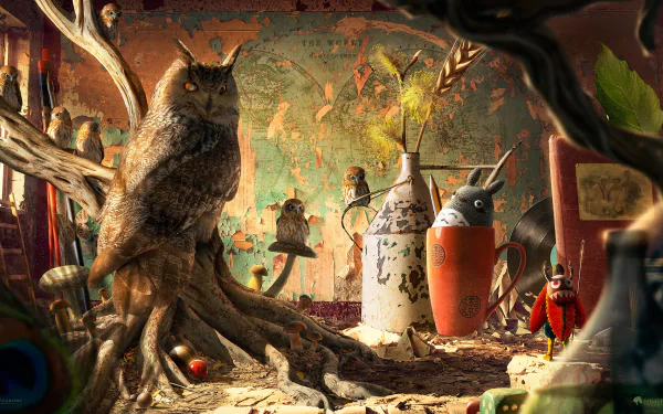 Artistic HD desktop wallpaper featuring a detailed owl perched amidst whimsical objects and miniature creatures in a warm, textured setting from Desktopography.