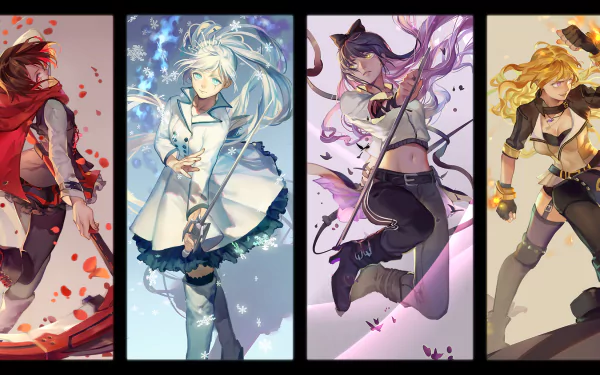 HD wallpaper featuring RWBY characters Ruby Rose, Weiss Schnee, Blake Belladonna, and Yang Xiao Long in their Hunter, SnowPea, Intruder, and Slayer outfits respectively, artistically posed.