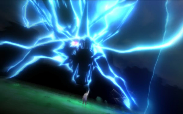 HD PC desktop wallpaper featuring Sasuke Uchiha using Kirin from Naruto Shippuden: Ultimate Ninja Storm Revolution, blending Naruto and Monster Hunter elements in a dynamic video game scene.