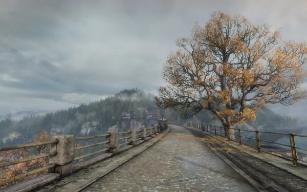 HD PC desktop wallpaper from the video game The Vanishing of Ethan Carter, featuring a misty bridge with autumn trees and distant hills under a cloudy sky.