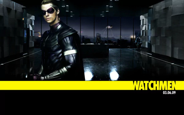HD PC desktop wallpaper featuring Ozymandias from the Watchmen movie, set against a dark, futuristic cityscape with the Watchmen logo and release date.
