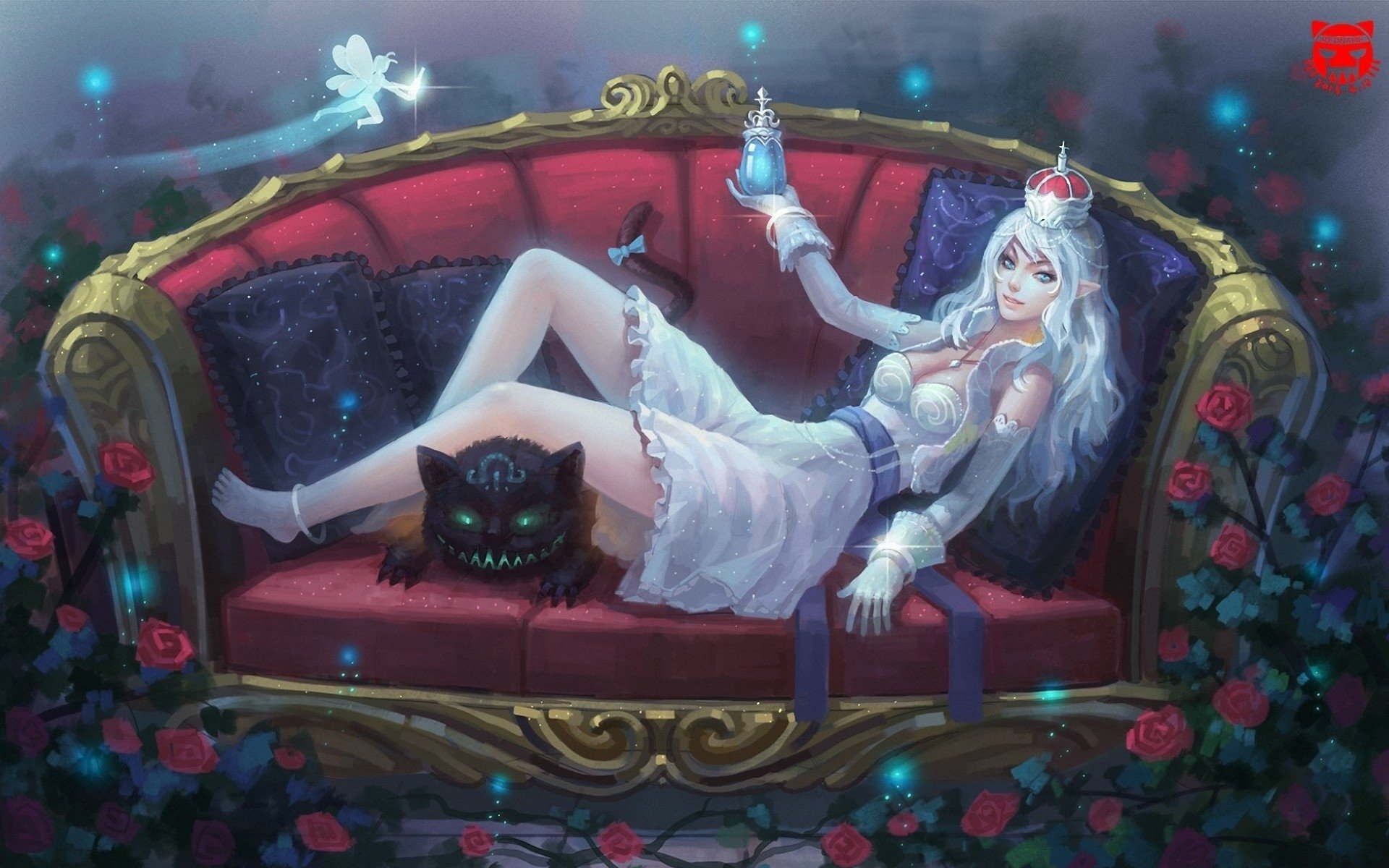 A fantasy scene featuring an elf with silver hair, wearing a crown, lounging on a red sofa surrounded by roses, a black cat at her side, and a fairy floating nearby. HD desktop wallpaper.