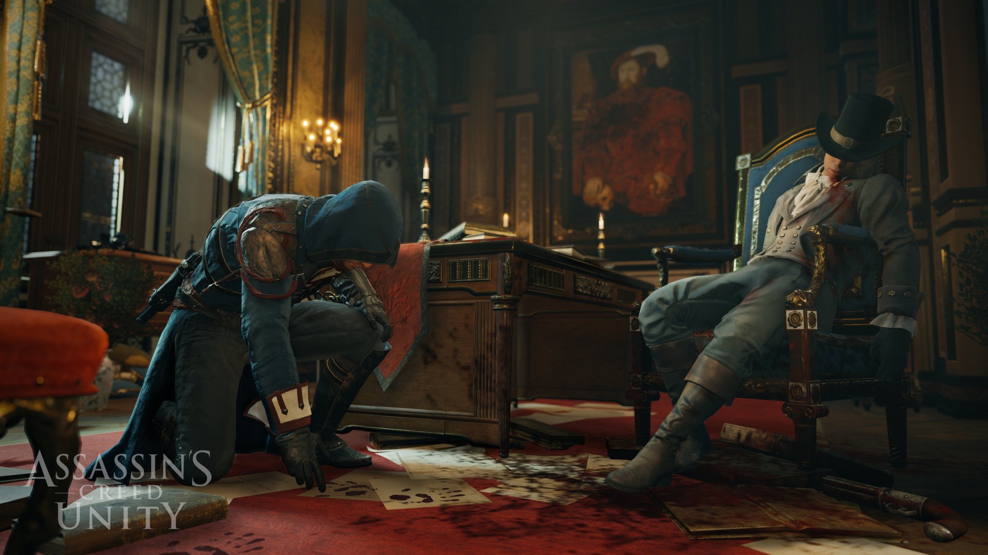 Arno Dorian from Assassin's Creed: Unity is depicted in a dramatic scene, crouching beside a seated figure in a richly detailed room, highlighting the game’s immersive visuals.