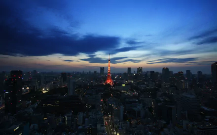 Tokyo Tower illuminated at night, standing out against the city skyline beneath a deep blue sky in this HD desktop wallpaper.