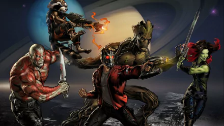 HD desktop wallpaper featuring the Guardians of the Galaxy characters Drax the Destroyer, Gamora, Groot, Rocket Raccoon, and Star-Lord in a comic-style depiction, with a cosmic background.