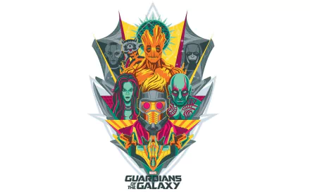 HD desktop wallpaper featuring artistic illustrations of Guardians of the Galaxy characters: Star-Lord, Gamora, Drax the Destroyer, Rocket Raccoon, Groot, and Nebula, on a vibrant background.
