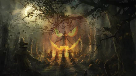 A haunting Halloween scene in a dark forest, featuring a glowing pumpkin figure and eerie silhouettes among misty trees. An atmospheric HD wallpaper for a spooky holiday vibe.