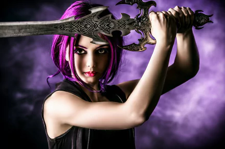 A woman with crimson hair, cosplaying as a fantasy character, holding an ornate sword in a dramatic pose. This HD desktop wallpaper and background features a model in front of a mysterious purple backdrop.