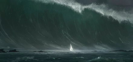A dramatic scene featuring a small sailboat navigating the ocean beneath a colossal wave, encapsulating a fantasy atmosphere in this HD desktop wallpaper.