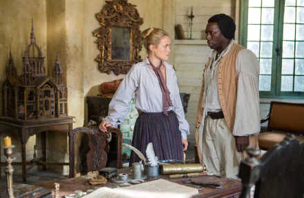 HD desktop wallpaper of Black Sails: Eleanor Guthrie and Mr. Scott, two pirates in period dress talking across a cluttered table in a sunlit study.