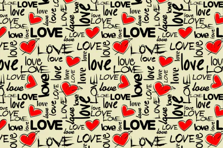 HD wallpaper featuring an artistic pattern of red hearts and the word love in various fonts on a beige background.