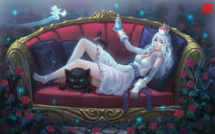 A fantasy scene featuring an elf with silver hair, wearing a crown, lounging on a red sofa surrounded by roses, a black cat at her side, and a fairy floating nearby. HD desktop wallpaper.