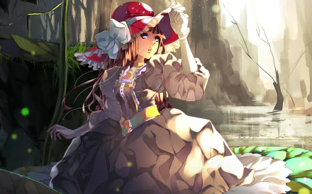 HD PC desktop wallpaper featuring IA from Vocaloid in a detailed dress with a belt and a hat, set against a serene natural background in anime style.