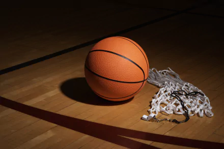 HD desktop wallpaper featuring a basketball and net on a gym floor with a referee whistle, capturing the essence of sports.
