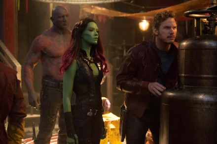 HD PC desktop wallpaper featuring Guardians of the Galaxy characters Peter Quill, Gamora, and Drax the Destroyer, portrayed by Chris Pratt, Zoe Saldana, and Dave Bautista.